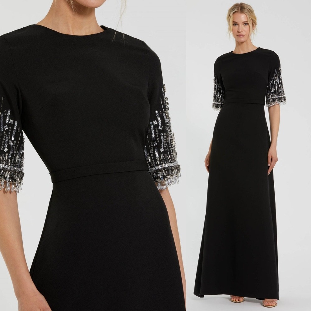 Mac Duggal Black Maxi Dress with Beaded Fringe Sleeves